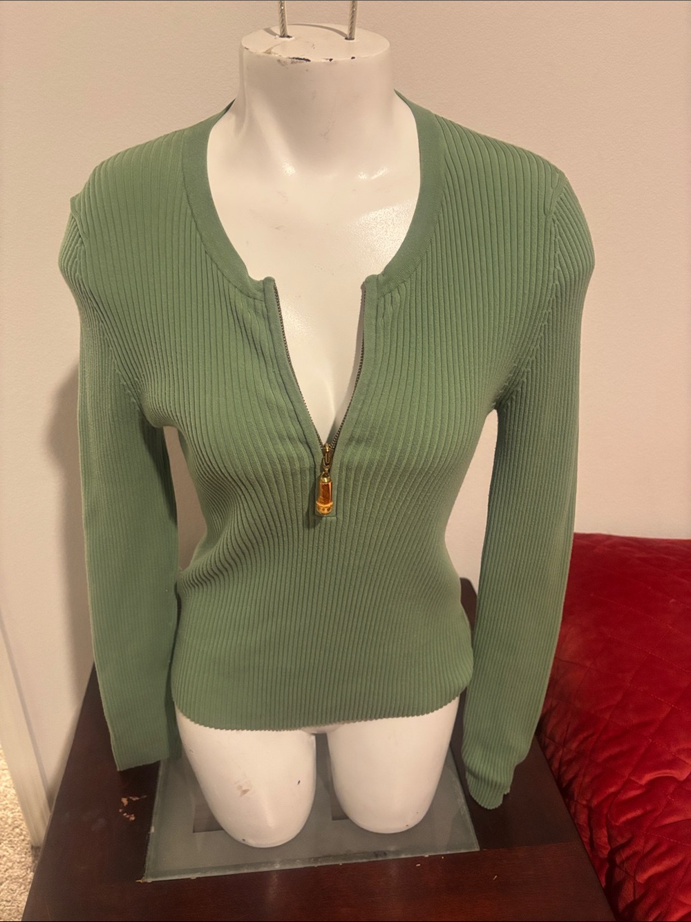 Michael Kors Ribbed Sage Green Half-Zip Long Sleeve Top
